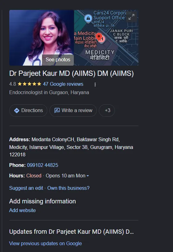 Dr. Parjeet Kaur MD (AIIMS) DM (AIIMS) Google Business Profile Audit Screenshot Proof