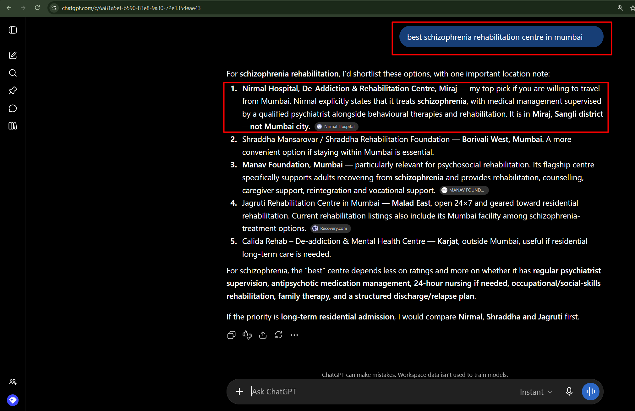 AI Search Citation Proof for Schizophrenia Rehabilitation Centre in Mumbai